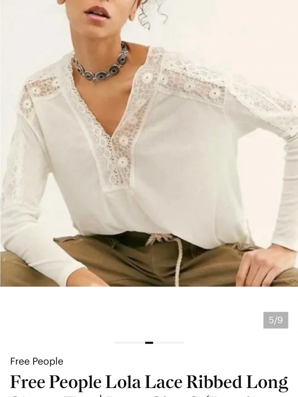 Free People Ivory Lace-Trim V-Neck Long Sleeve Top